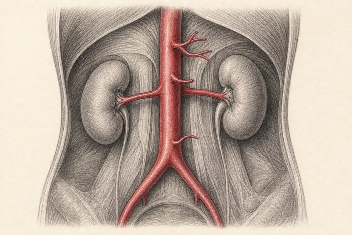 Doppler da aorta abdominal — desenho anatômico a grafite sobre papel marfim; em vermelho-óxido, aorta abdominal. A imagem não traz texto: as estruturas estão na legenda.