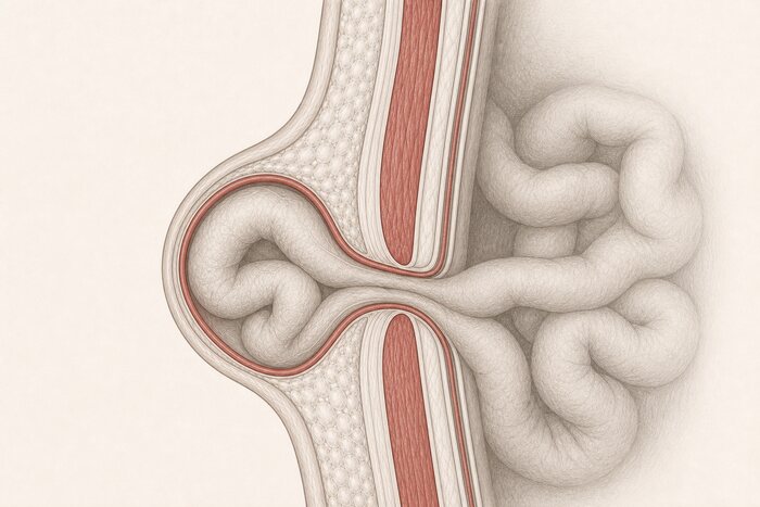 Hérnia da parede abdominal — desenho anatômico a grafite sobre papel marfim; em vermelho-óxido, colo herniário. A imagem não traz texto: as estruturas estão na legenda.
