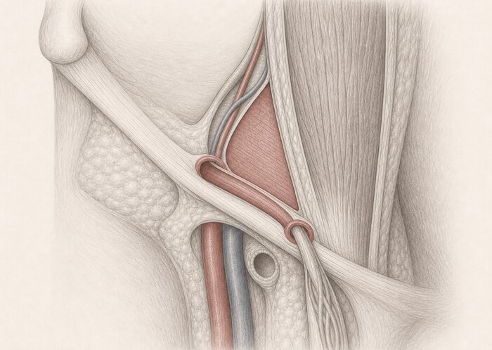 Região inguinal — desenho anatômico a grafite sobre papel marfim; em vermelho-óxido, canal inguinal. A imagem não traz texto: as estruturas estão na legenda.
