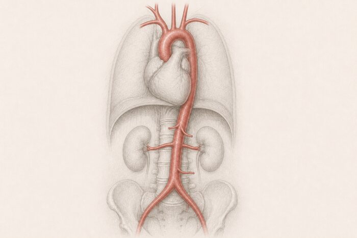 Aorta torácica e abdominal — desenho anatômico a grafite sobre papel marfim; em vermelho-óxido, trajeto e ramos. A imagem não traz texto: as estruturas estão na legenda.