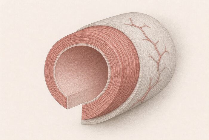 Parede da aorta em camadas — desenho anatômico a grafite sobre papel marfim; em vermelho-óxido, as três camadas. A imagem não traz texto: as estruturas estão na legenda.