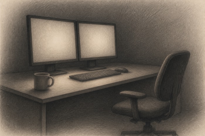 Sala de laudos vazia, desenhada a grafite: mesa com duas telas acesas ainda em branco, teclado, uma caneca e a cadeira de trabalho, na penumbra.