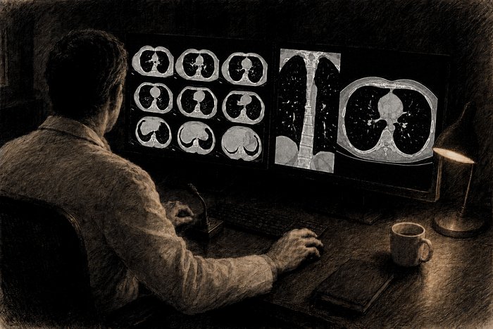 Desenho a grafite: um radiologista de costas na sala de laudos, diante de duas telas — uma com a grade de cortes de tomografia, outra com as reconstruções — o microfone de ditado ao alcance da mão, sob a luz de uma lâmpada de mesa.